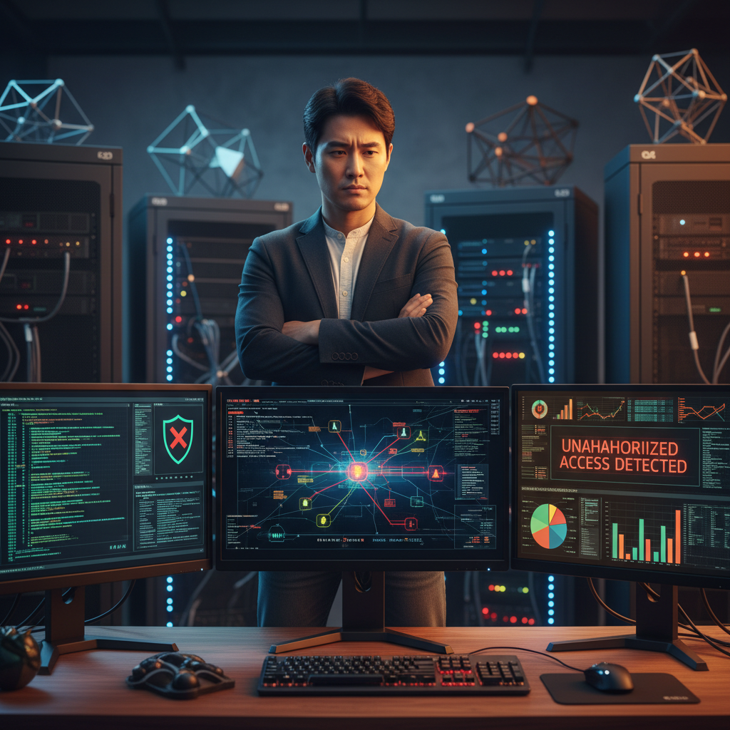 A professional cybersecurity expert in modern office setting, looking skeptically at computer screens displaying code and security alerts. Warm office lighting, multiple monitors showing network diagrams. Korean appearance male in casual business attire, arms crossed. Natural expression showing doubt and analysis. Rich background with tech equipment, centered focus, no text.