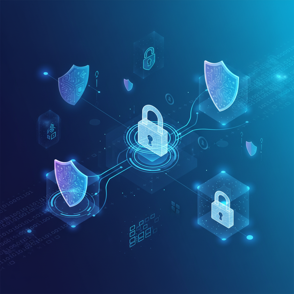 A modern tech illustration showing digital security concept with abstract encryption symbols, shield icons, and secure connection elements on a gradient dark blue to cyan background. Glowing lock symbols and data protection imagery, professional lighting, high contrast, no text.