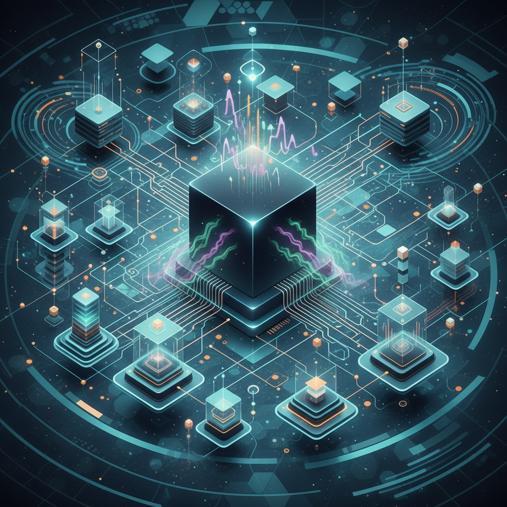 Modern infographic illustrating a complex, interwoven network of digital components, with a central "black box" element emitting uncertain data streams, set against a dynamic, textured background with soft, digital glows. No visible text.