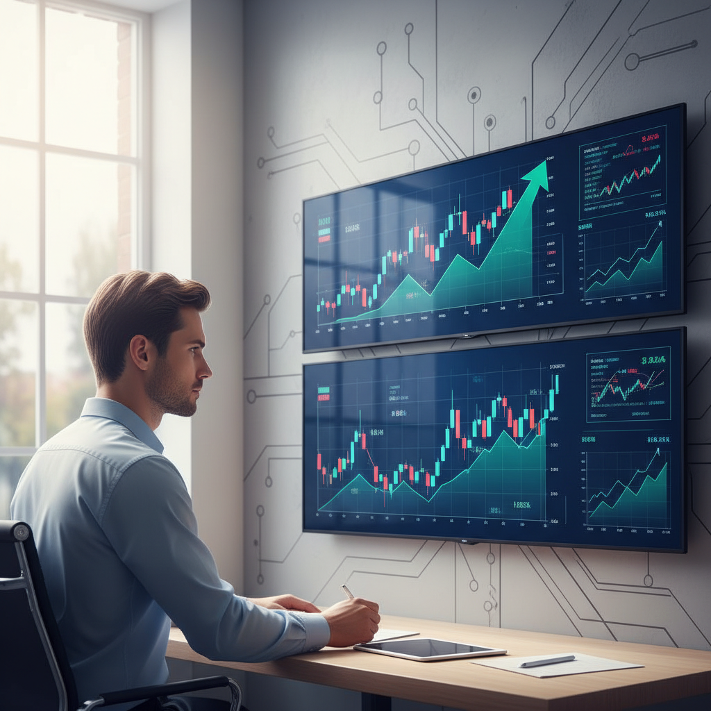A person, with a serious expression, analyzing complex financial charts and data on multiple screens in a modern, well-lit office. The screens display stock graphs and financial figures. Style: clean infographic, high contrast, natural lighting, textured background, no text.