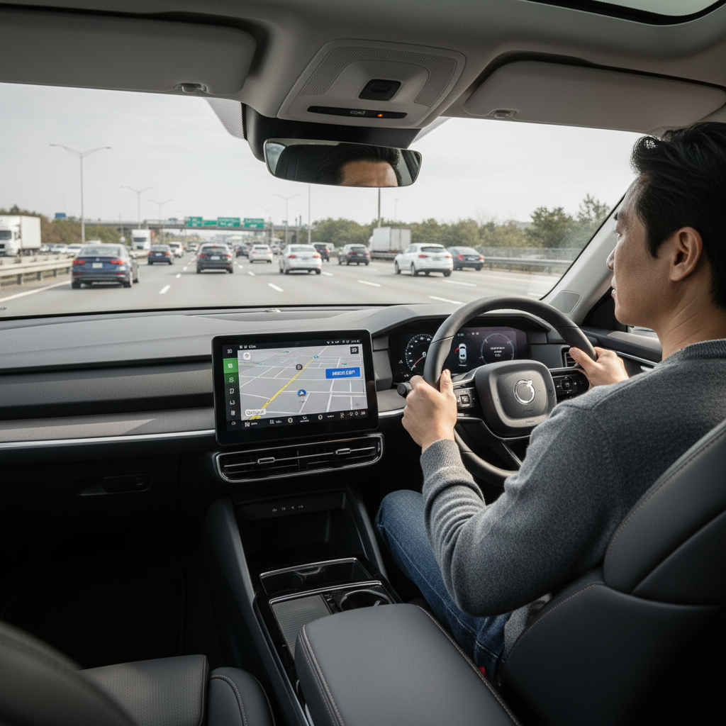 A lifestyle photography scene inside a modern car (Polestar 4 interior) with a Korean driver calmly looking at a clear dashboard display showing a merge lane notification from Google Maps. The background shows a busy but well-organized highway. Style: lifestyle photography, no text.
