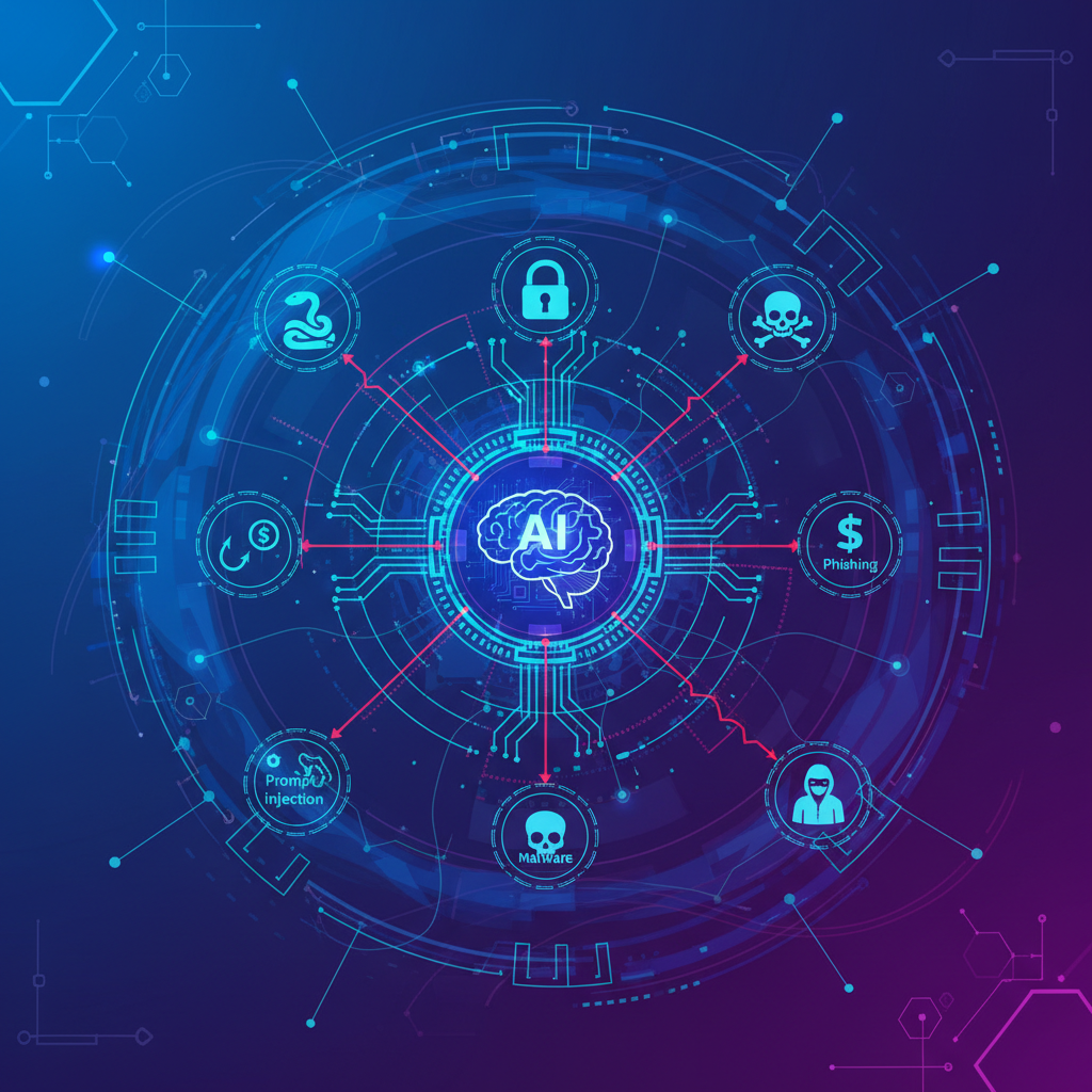 High-tech infographic illustrating a complex digital security network with an AI icon at its core, surrounded by various threat symbols like prompt injection. Modern layout, high contrast, bright blue and purple gradient background, abstract security elements. No visible text, centered focus, visually rich, no empty margins.