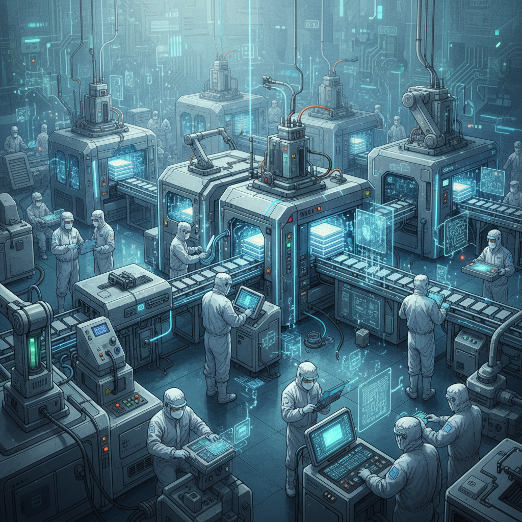 A complex and futuristic semiconductor manufacturing facility with highly detailed machinery and a few Korean engineers in cleanroom suits working diligently. The scene highlights the intricate process of chip production. Style: illustration, artistic rendering, textured background. No visible text in image.