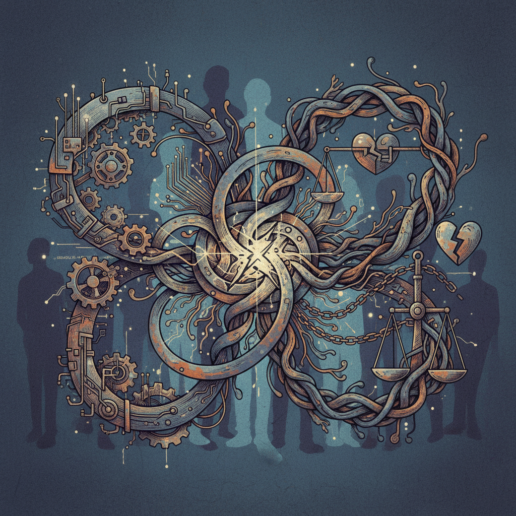 illustration, artistic rendering, textured background, a complex, intertwined abstract representation of ethical dilemmas and technological advancements, with subtle human silhouettes in the background. The color palette is muted and thoughtful, reflecting serious considerations. No visible text in image.