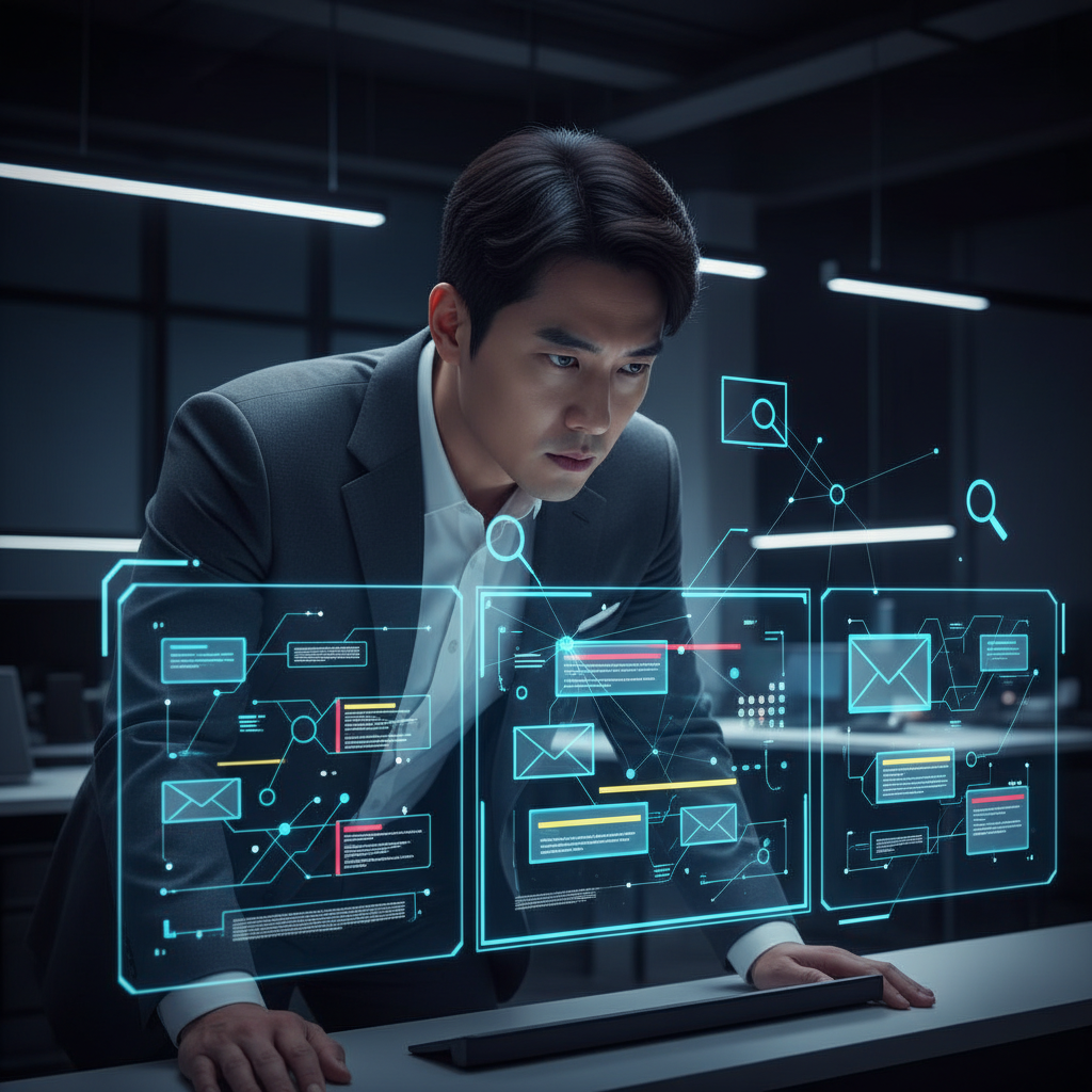 A Korean man looking intently at multiple digital screens displaying complex email threads and highlighted text, symbolizing a deep investigation. The setting is a modern office, with a slightly darkened atmosphere but bright screens. Style: clean infographic, modern layout, high contrast. No visible text. Clear visuals.