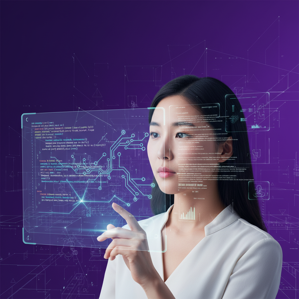 clean infographic, modern layout, high contrast. A thoughtful Korean person (female, natural expression) looking at a holographic display of complex code and circuit diagrams, representing the future of open-source technology. The background is a deep purple gradient, full-frame with intricate geometric patterns. No text.