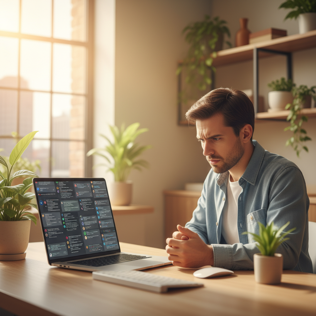 Person looking confused at laptop screen filled with multiple chat windows and incomplete prompts, indoor office setting with natural window light, modern workspace with plants, realistic photography, frustrated expression, warm color palette background, no visible text