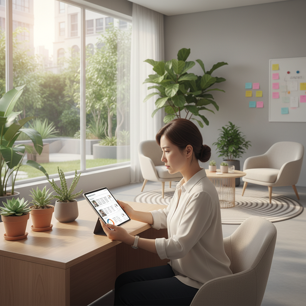 Professional social worker of Korean appearance reviewing digital support plans on tablet device in modern office, natural daylight through windows, warm collaborative environment, person showing focused expression, contemporary workspace with plants and soft furnishings, no text in image