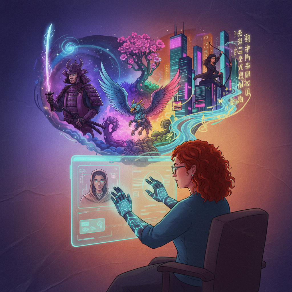 A creative digital artist blending multiple distinct objects and characters into a cohesive, high-fidelity scene using an advanced AI image generation tool. The characters maintain consistent appearances across different compositions. Style: illustration, artistic rendering, textured background. Gradient background, no text.