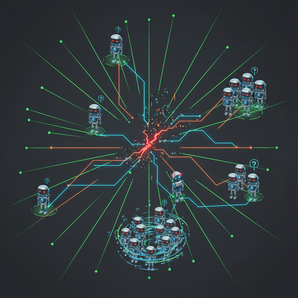 A modern infographic illustrating a sophisticated bot management system, but with a subtle visual glitch or error indicated by a broken circuit line. Robot figures are attempting to navigate a digital labyrinth, some appearing confused. The background is a clean, high-contrast mix of dark grey and vibrant neon green, symbolizing technology and a slight malfunction. No visible text.