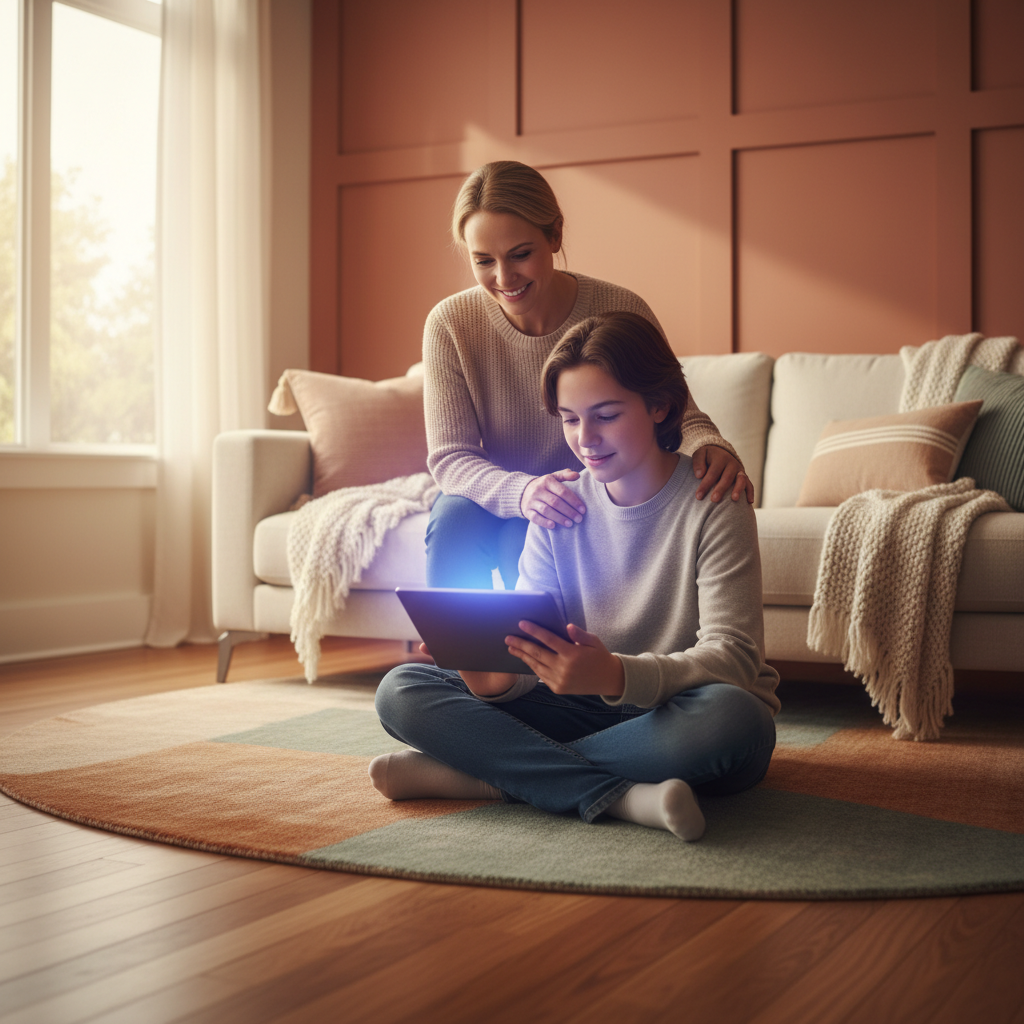 A warm, lifestyle photography image of a parent gently overseeing a teenager using a tablet, with a subtle glow representing AI interaction. The setting is a cozy living room, emphasizing safety and guidance. Natural lighting, soft textures, colored background, centered focus, no text.