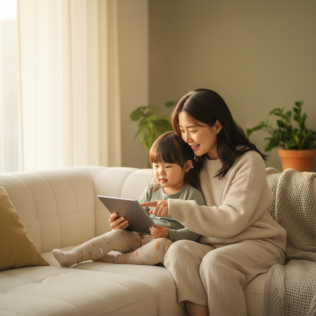 Korean mother and young child sitting together on comfortable sofa, both looking at tablet screen with engaged expressions, mother pointing and explaining. Warm afternoon sunlight, cozy home interior with soft green and beige gradient background. Natural lifestyle photography, intimate moment. No text in image.