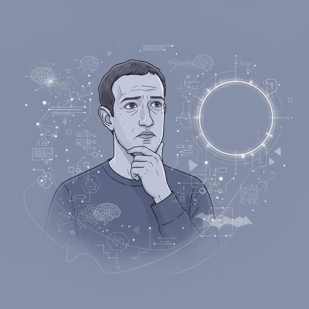 Mark Zuckerberg looking thoughtful or concerned, surrounded by abstract representations of AI concepts, but with a noticeable empty space where a clear, impactful AI product should be. Style: conceptual illustration. No text.