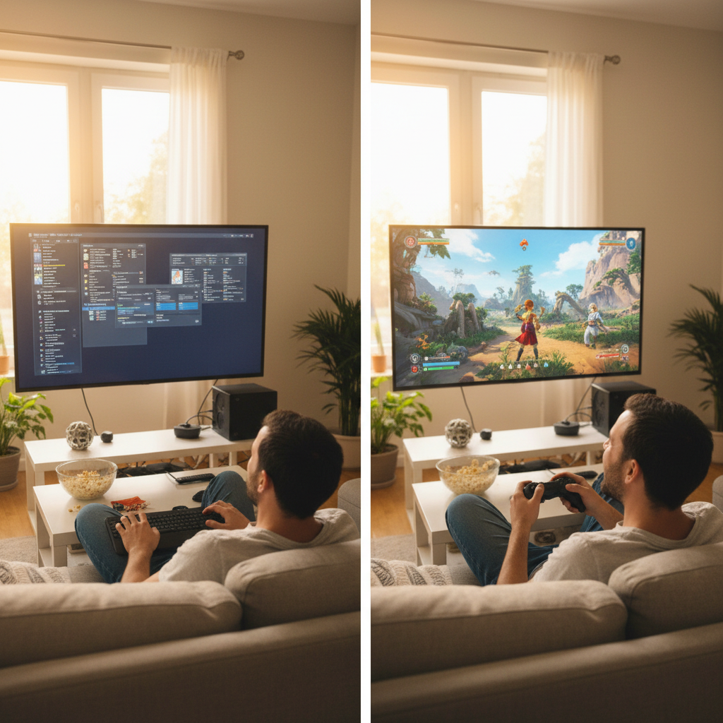 A user initially looking frustrated trying to navigate a TV-connected PC with a mouse and keyboard, transitioning to a relaxed person happily playing a game with a gamepad on a couch. Living room setting, natural expressions, warm lighting. No text.