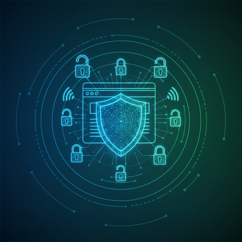 A digital shield icon protecting a web browser window, surrounded by lock symbols and secure connection indicators, deep blue and green gradient background, modern cybersecurity concept illustration, glowing elements suggesting protection, centered composition with layered depth, no text visible