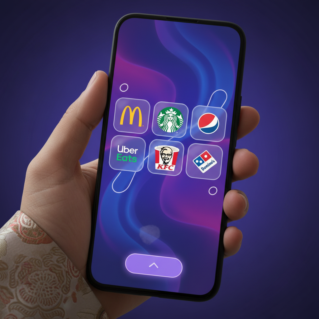 Smartphone screen showing brand selection interface with recognizable fast food and delivery service logos arranged in grid layout, vibrant app interface design, gradient purple background, Korean user's perspective, modern UI elements, realistic mobile mockup, no visible text