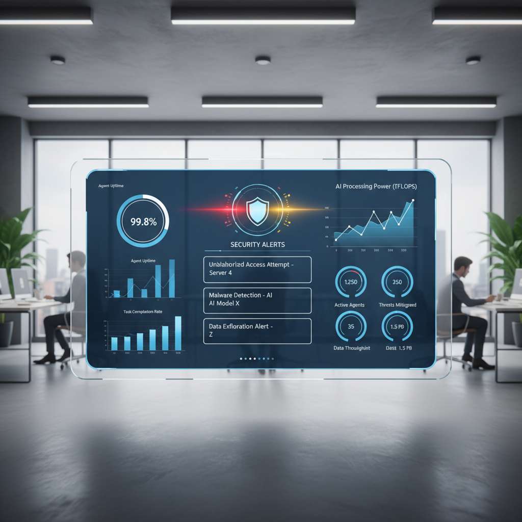 professional infographic, clean design, bright and balanced lighting, a digital dashboard displaying real-time AI agent activity with security alerts, charts, and metrics in a modern office setting, no visible text, centered focus.