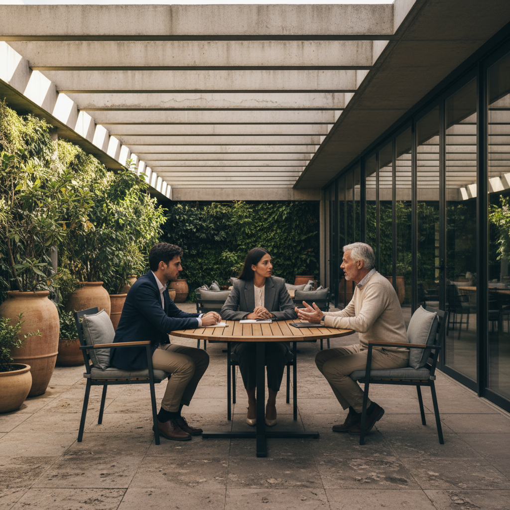 Young entrepreneurs having a mentoring discussion in a comfortable outdoor patio setting with modern architecture, natural afternoon lighting, warm atmosphere, lush green plants in background, professional yet casual environment, rich textures and colors, no text