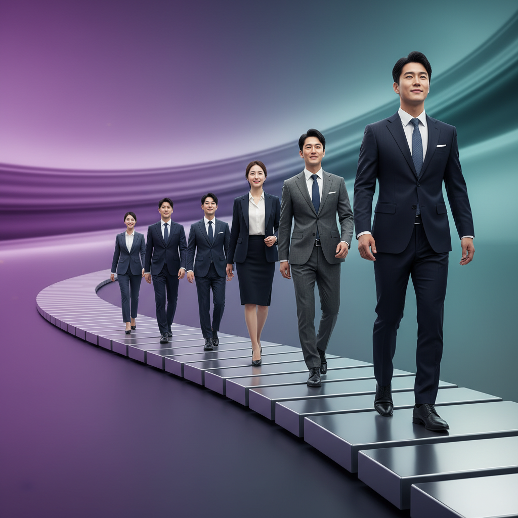 Modern business growth concept with ascending pathway, Korean business professionals walking confidently forward, vibrant gradient background in purple and teal colors, dynamic composition showing progress and momentum, professional photography with depth and dimension, no charts or graphs