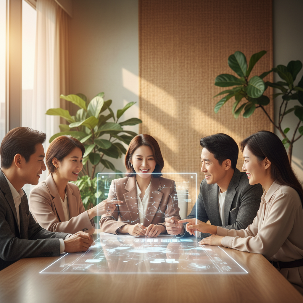 Lifestyle photography of diverse business professionals from different countries collaborating seamlessly using a digital communication platform. Focus on connection and understanding. Warm lighting, natural setting, modern office environment. No visible text, full frame with textured background. Centered focus, diverse Korean appearance figures.