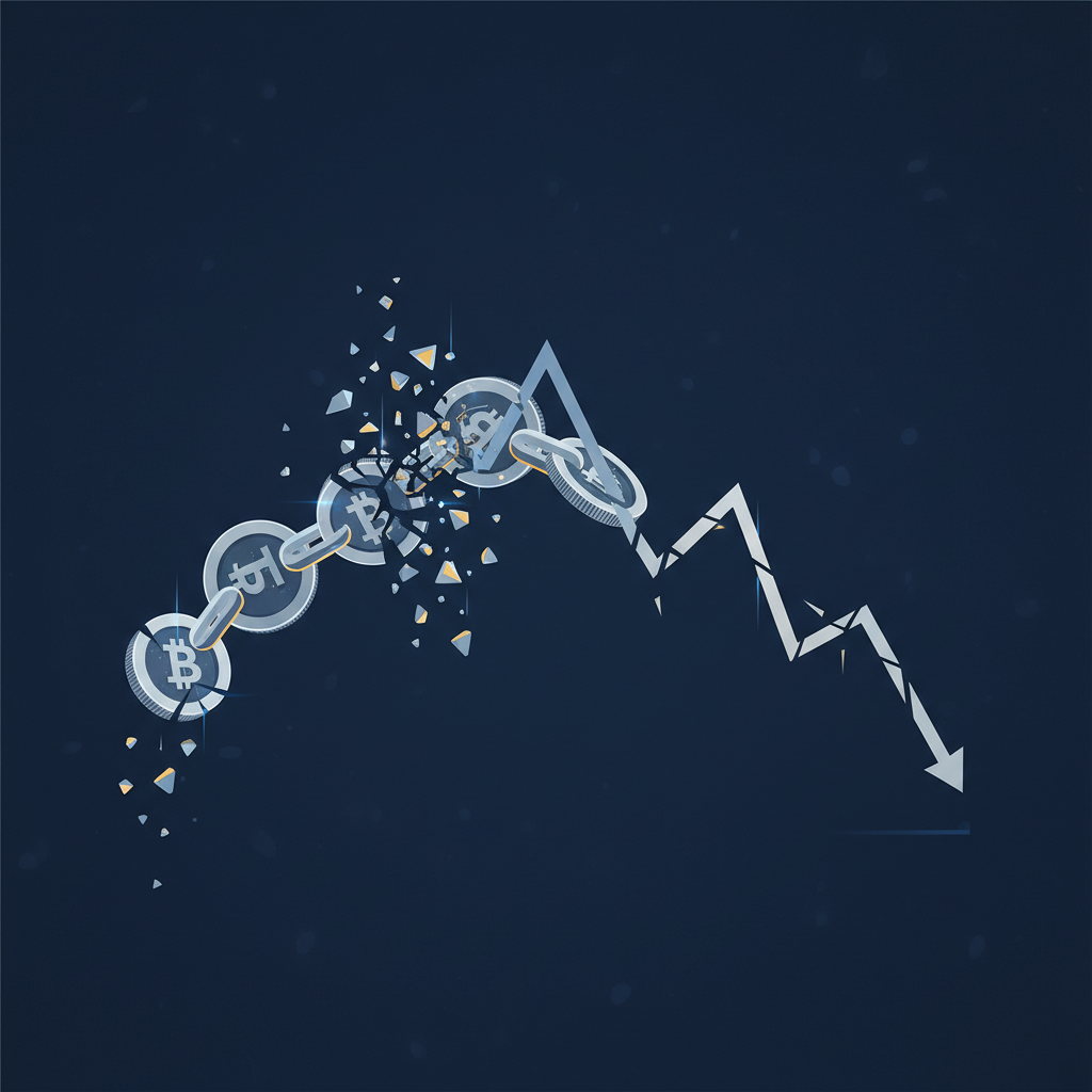 A modern infographic illustrating the concept of a 'digital asset treasury' strategy unraveling. Show a chain of crypto coins breaking apart, connected to a downward-pointing stock graph. Elements are clean and minimalistic, against a textured dark blue background. No visible text.