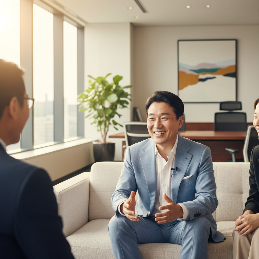 Lifestyle photography of a charismatic Korean male CEO in a modern, well-lit office setting, engaging in a friendly, conversational interview with a host. The atmosphere is warm and positive, showcasing a comfortable interaction. No visible text on screen or background. Soft, natural lighting.