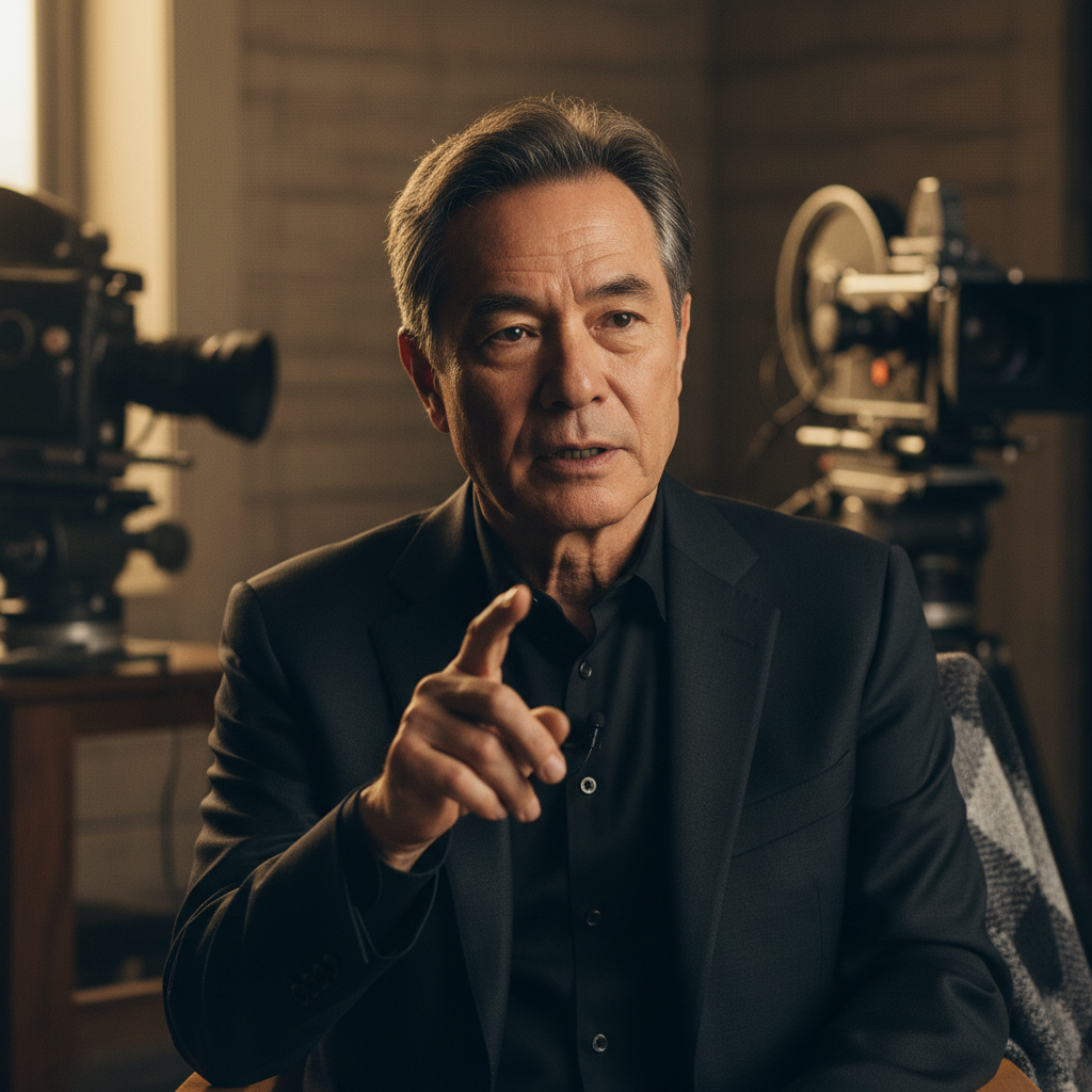 A realistic, candid portrait of Vince Gilligan, a Korean man in his 60s, looking serious and thoughtful, gesturing slightly as if making a point about AI. The background is a dimly lit, sophisticated set or a director's chair. Style: journalistic photography. No text.