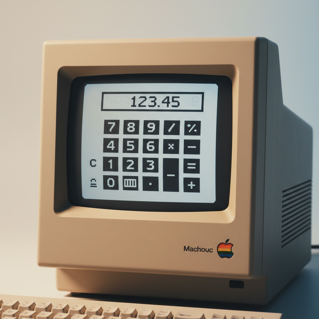 Close-up view of a vintage Macintosh computer screen displaying a classic calculator app interface from 1984, warm nostalgic lighting, beige computer case visible, soft shadows, retro technology aesthetic, detailed buttons and display, colored gradient background from cream to soft blue, no text visible