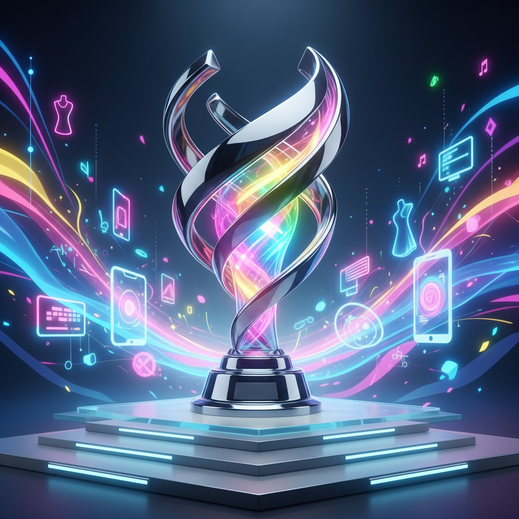 A stylized, modern trophy designed for TikTok Awards, glowing with colorful lights, placed on a futuristic stage. The background shows abstract representations of fashion, music, and digital content. Style: sleek conceptual design, artistic and vibrant, no text in image.