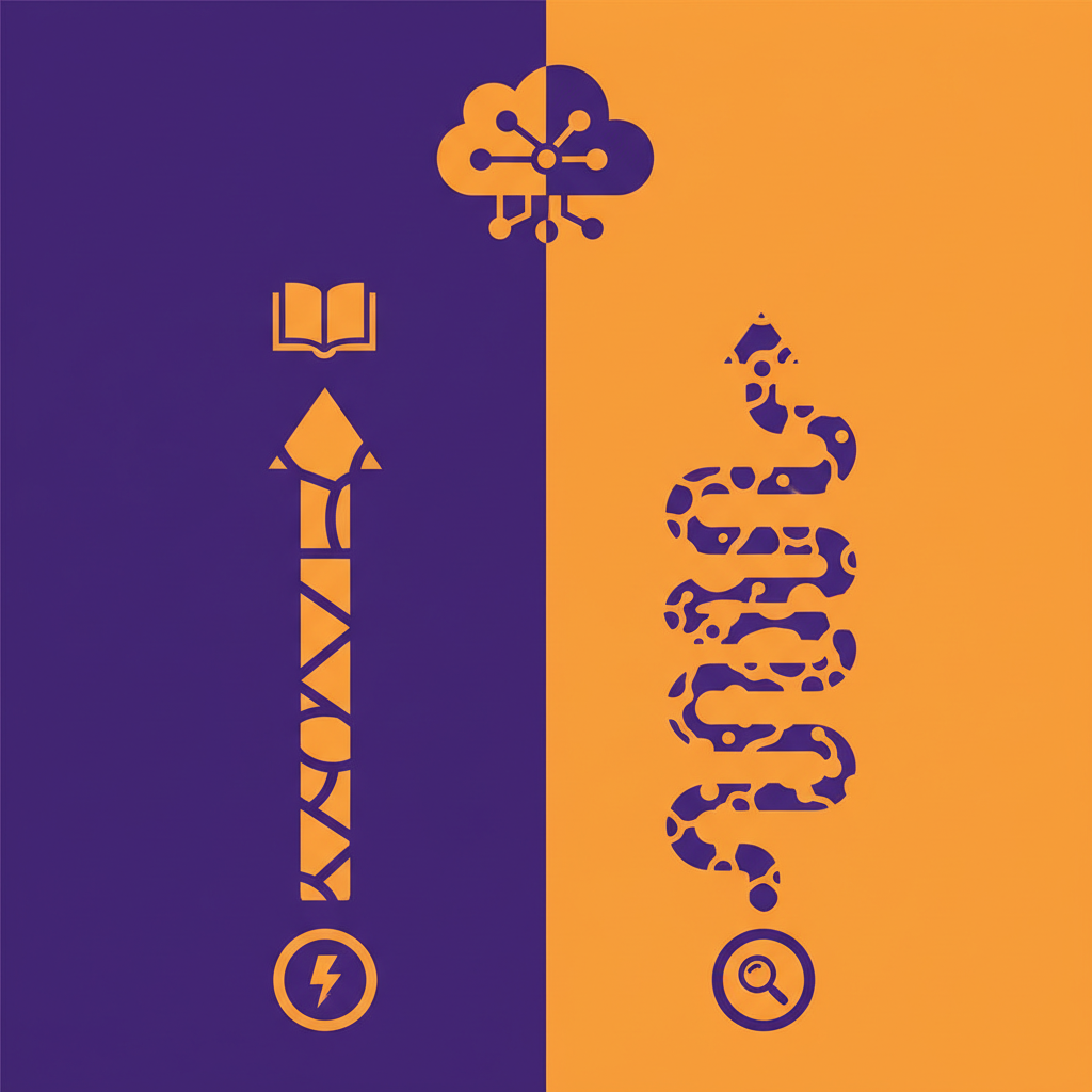 clean infographic, modern layout, high contrast. A visual metaphor showing two distinct paths for research: one short and direct with a "fast" icon, and another winding and detailed with a "deep" icon, both leading to a knowledge base. Vibrant purple and orange background, no text.