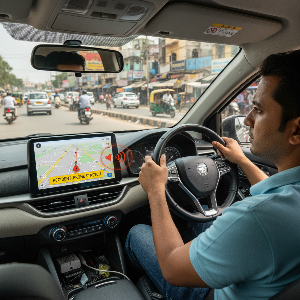 A car driving on an Indian road with a visual and audio alert appearing on the Google Maps display on the dashboard, indicating an accident-prone stretch. The driver looks alert but not panicked. Style: lifestyle photography, realistic road conditions, no text in image.