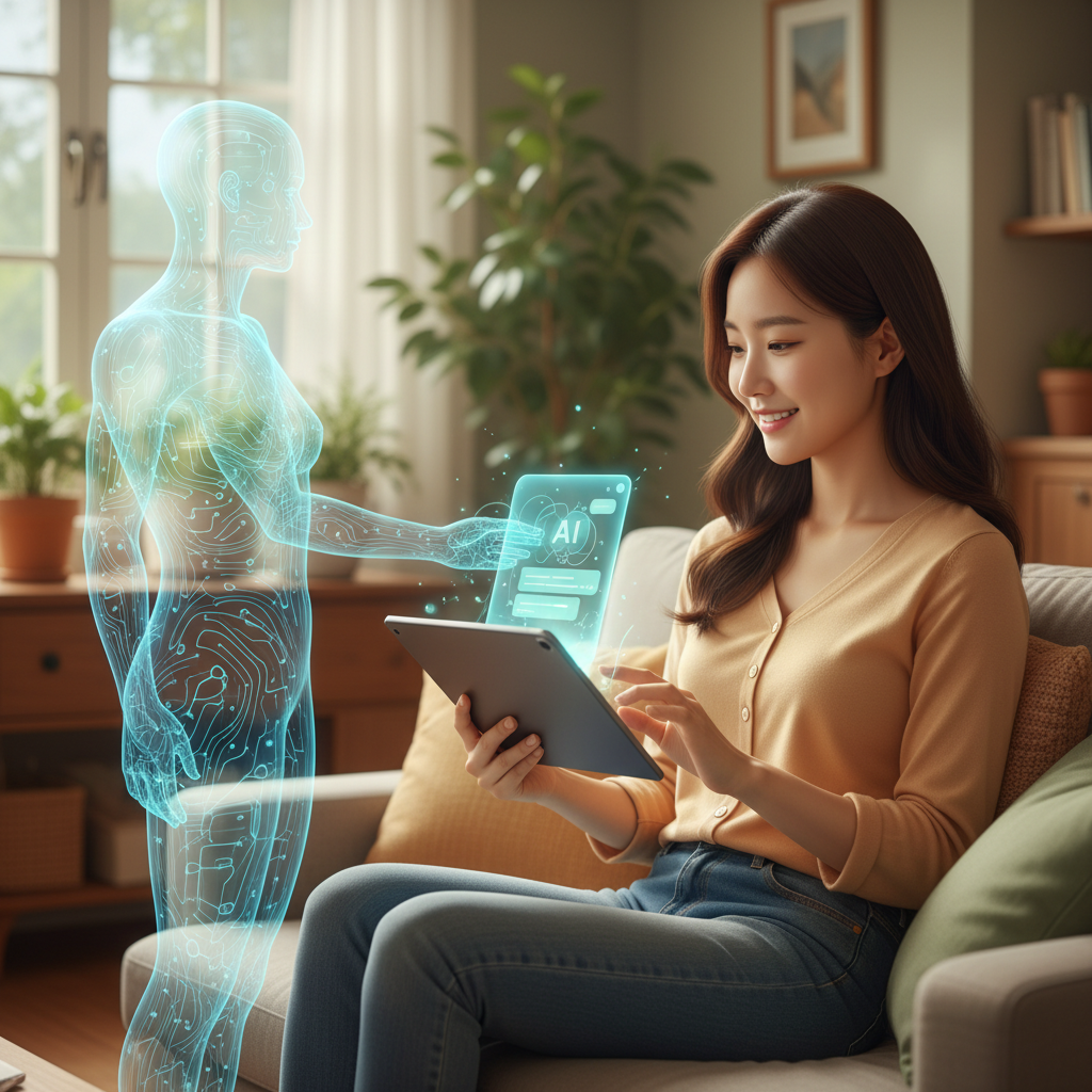 Korean person interacting with an AI chatbot, showing a harmonious and supportive relationship. Soft, natural lighting with a warm background, suggesting a positive user experience. No text, centered focus, vibrant colors.