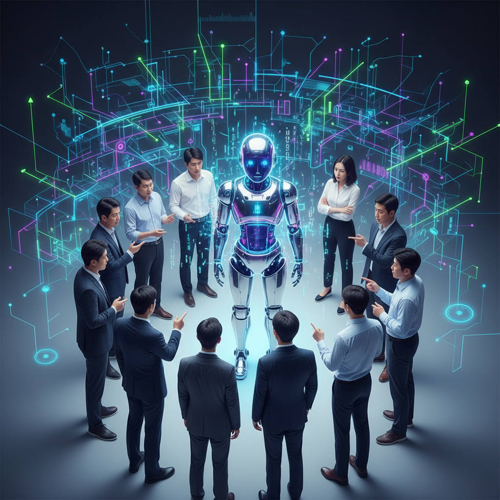 Clean infographic, modern layout, high contrast. A diverse group of people (Korean appearance) standing around a glowing, futuristic AI robot. Their expressions are a mix of skepticism, questioning, and concern, pointing at the robot. The robot itself has a slightly glitchy or confused expression, with data streams flowing around it. The background is a complex, abstract network of lines and glowing points, symbolizing data and connectivity. Bright, balanced lighting, no visible text in image. No Korean characters.