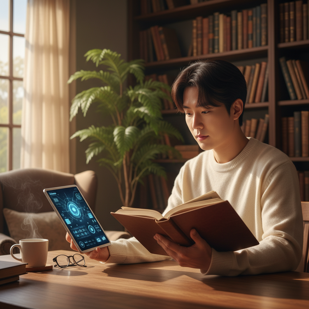 Lifestyle photography of a Korean person carefully cross-referencing information from an AI tool on a tablet with a physical book, showing a thoughtful and diligent expression. Warm lighting, natural setting of a study room. No visible text in image. No Korean characters.