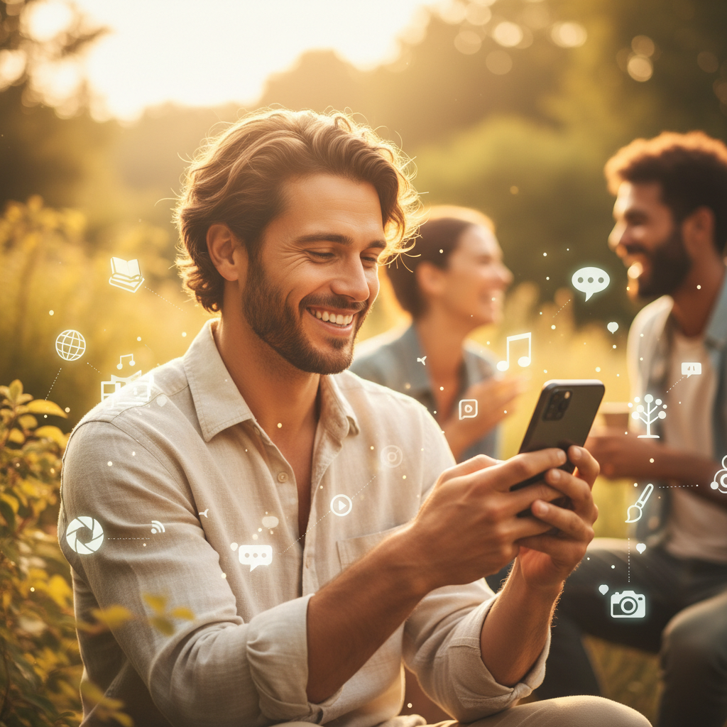 lifestyle photography, warm lighting, natural setting. A person happily engaging with a mobile phone, surrounded by subtle visual cues of diverse topics and connections. The scene suggests discovery and enjoyment in a social context. Bright, balanced lighting, colored background. No visible text.