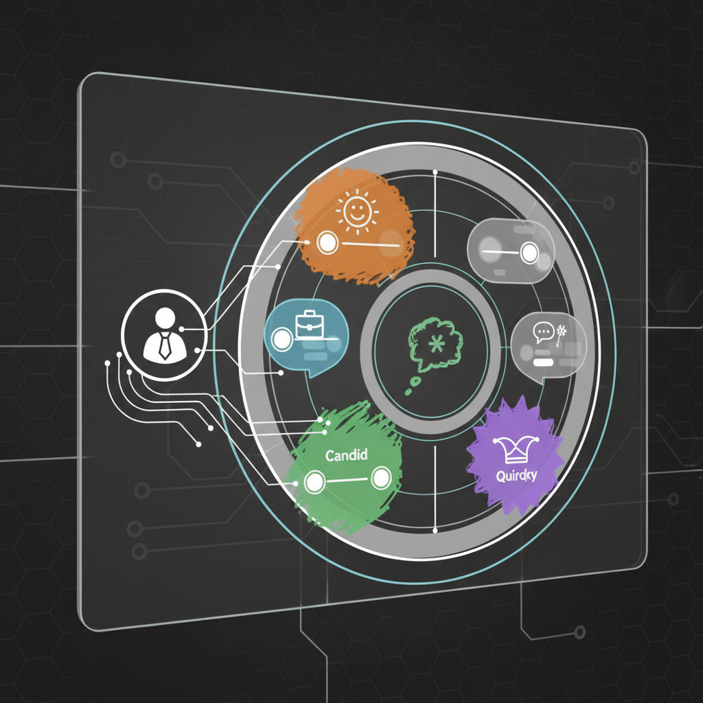 A modern infographic showing a user interacting with a customizable AI interface on a screen. The interface has sliders or toggles for different personality traits like "Friendly," "Professional," "Candid," "Quirky," represented by distinct visual cues. Clean layout, high contrast, textured background. No text.