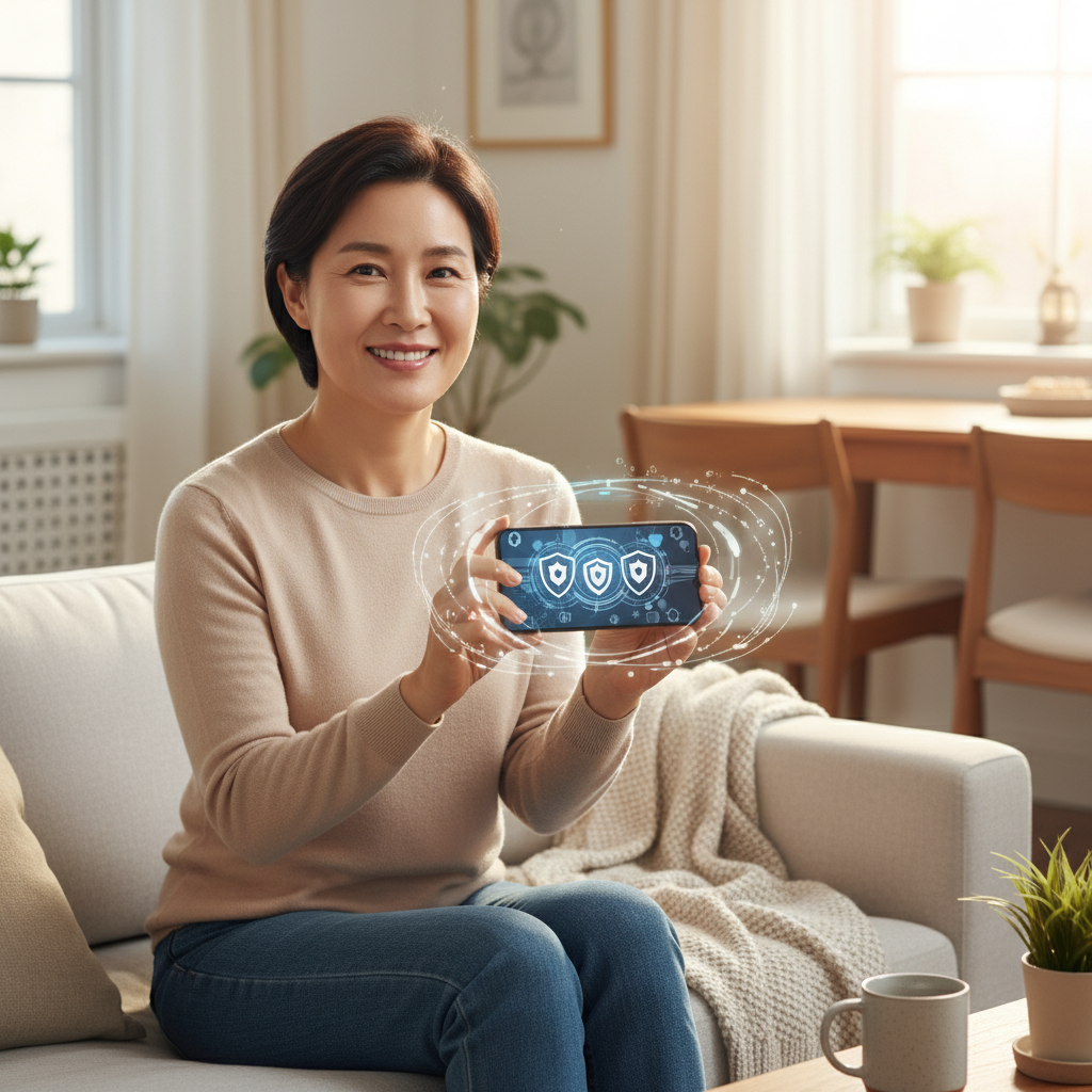 A lifestyle photography style image showing a Korean person using a smartphone safely with protective shield icons and security elements around the device, warm natural lighting, modern home setting, confident and secure atmosphere, no text in image