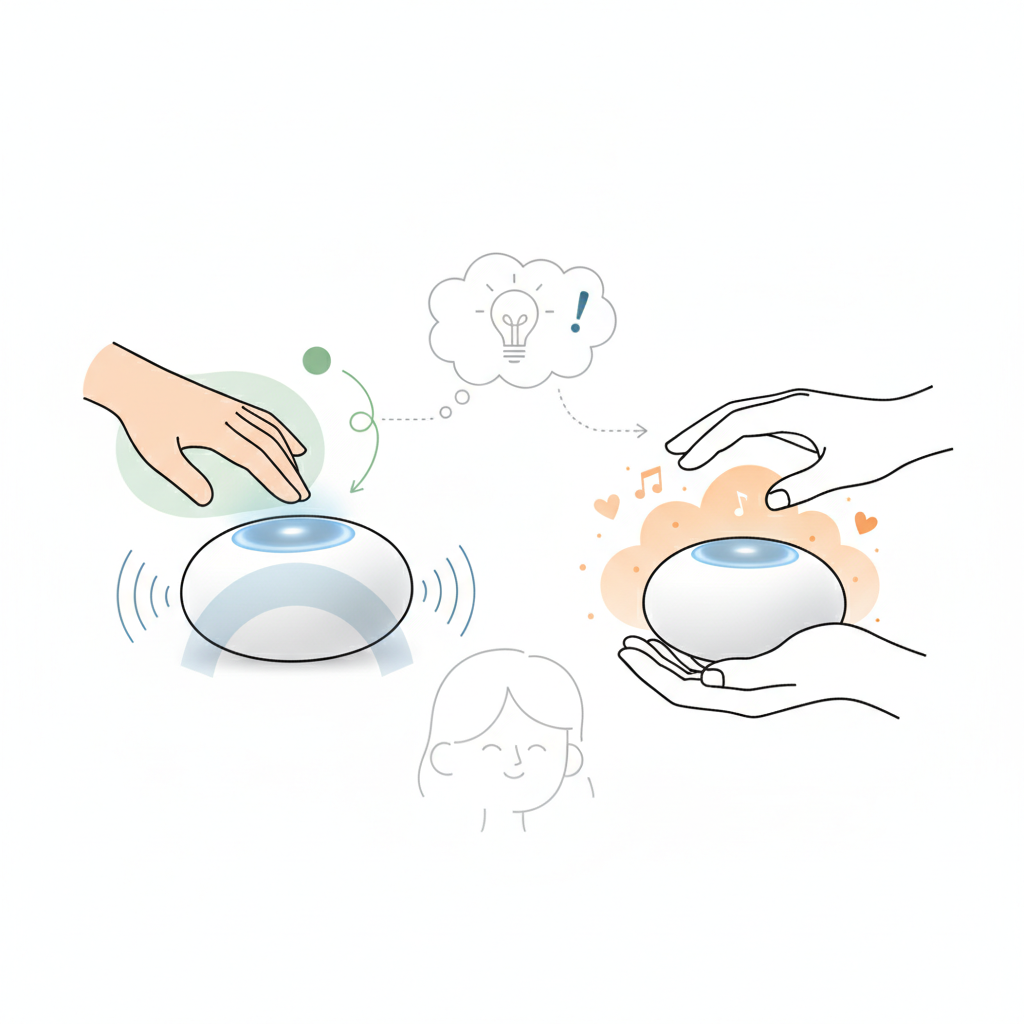An infographic style image illustrating various user interface elements or interactive concepts for a simple and playful AI hardware device without a screen. Show how intuitive design can lead to seamless user experience. Korean appearance, natural expression for any minimal human presence. Style: clean infographic, modern layout, high contrast. No visible text.