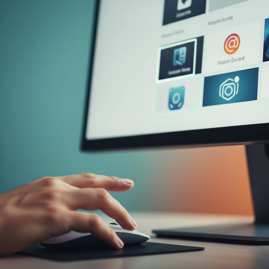 A person's hand hovering over a computer mouse, making a selection on a modern browser interface, multiple window options visible on screen, soft office lighting, teal and orange gradient background, close-up shot emphasizing choice and control, natural skin tone, lifestyle photography, no text in image