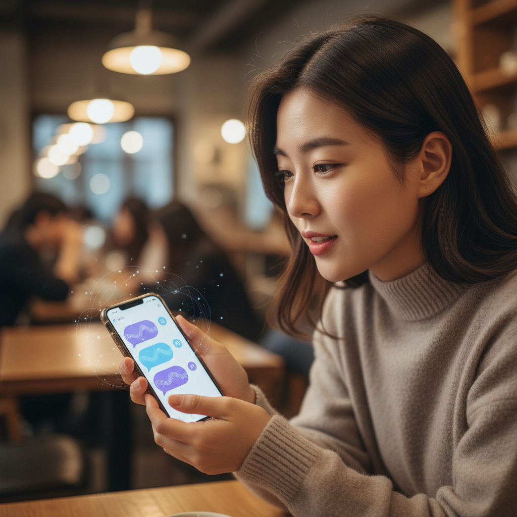 A Korean person interacting with an AI chatbot on a mobile phone, speaking into the microphone. The phone screen displays chat bubbles with AI responses, along with abstract graphical elements. The person's face shows engagement and natural expression. Warm, soft lighting in a cozy cafe setting with blurred background elements. Lifestyle photography style. No text on the phone screen or in the image.
