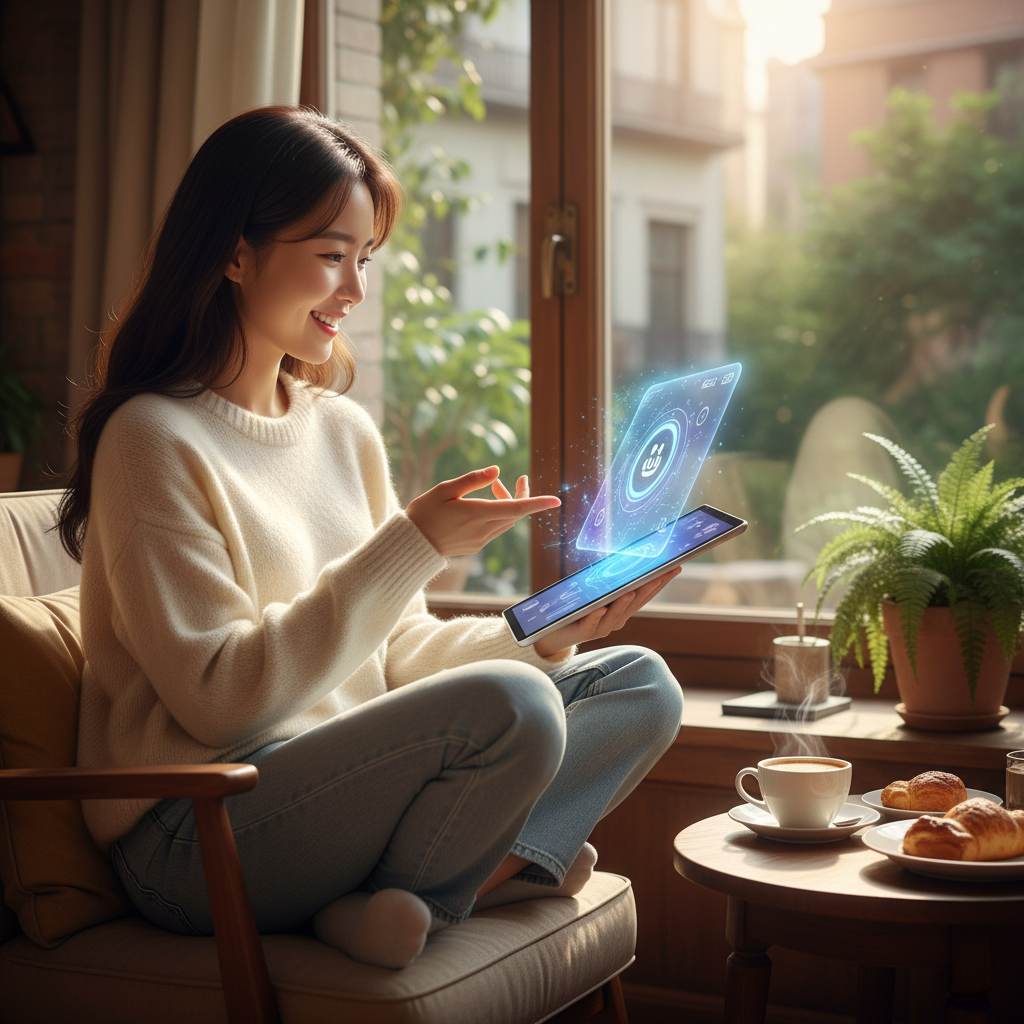 Lifestyle photography of a Korean woman comfortably shopping on her tablet, interacting with an AI assistant. Warm lighting, natural setting, centered focus, visually rich, no empty margins, no text.