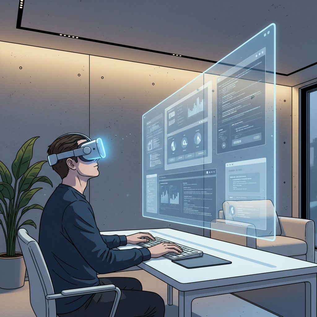 A person sitting at a desk, wearing an Apple Vision Pro headset, looking intently at a massive, ultra-wide virtual monitor floating in their home office space. The virtual screen shows a multi-window Mac desktop environment. The background is a clean, modern room with indirect lighting. Style: clean infographic, modern layout, high contrast. No visible text in image. No Korean characters.