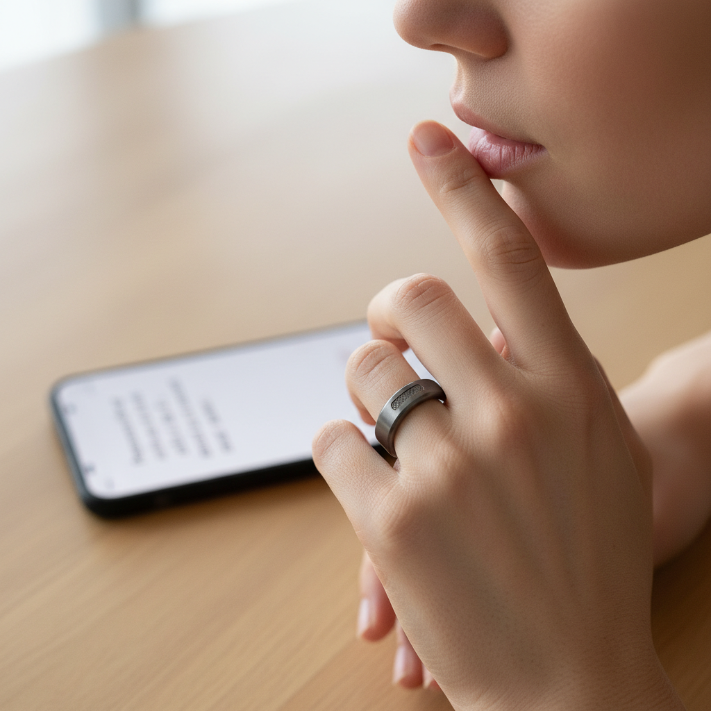 A close-up lifestyle photography shot of a person subtly whispering into a smart ring worn on their index finger. In the background, a slightly blurred smartphone screen displays the whispered words being transcribed into a note in a clean, minimalist app interface. Natural, soft lighting. No text.