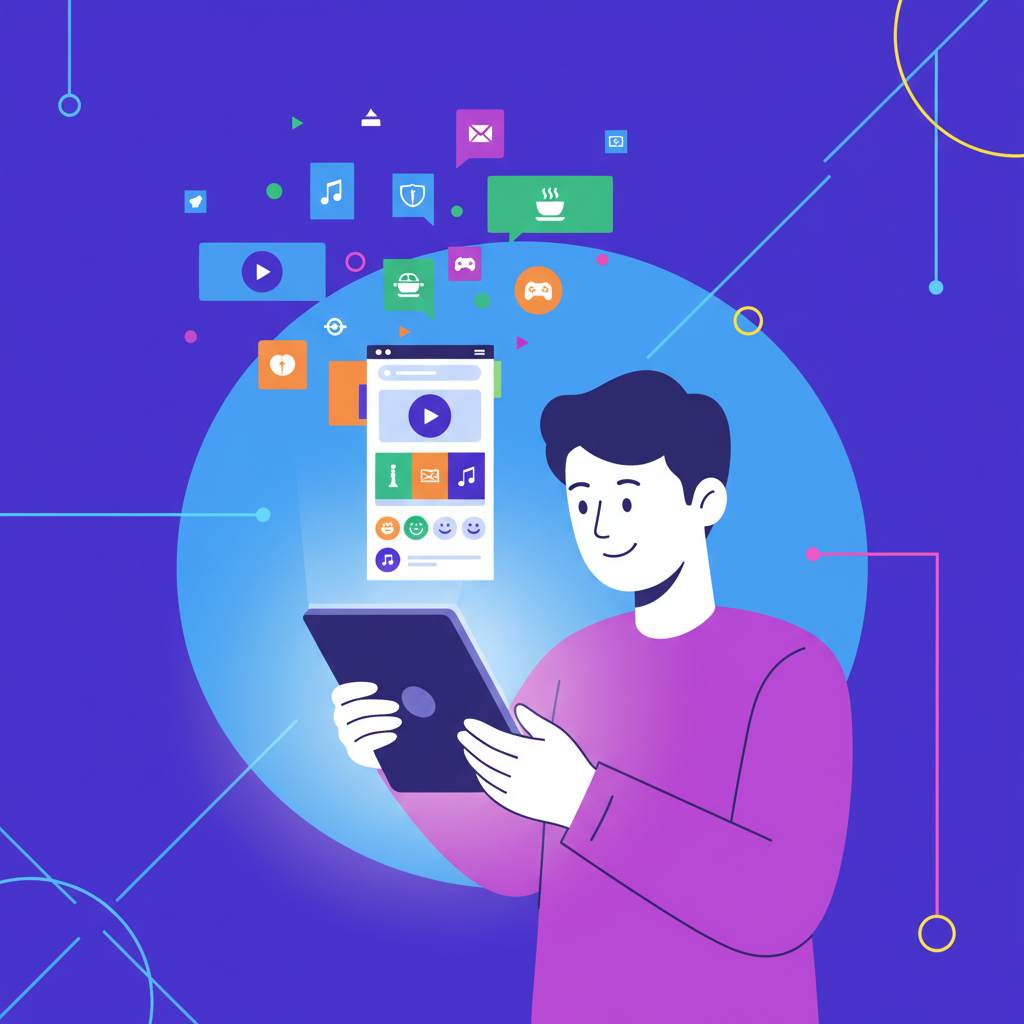 A Korean person happily browsing YouTube on a tablet, with diverse, relevant content flowing into their custom feed. Clean infographic style, modern layout, high contrast, colored background. No visible text.