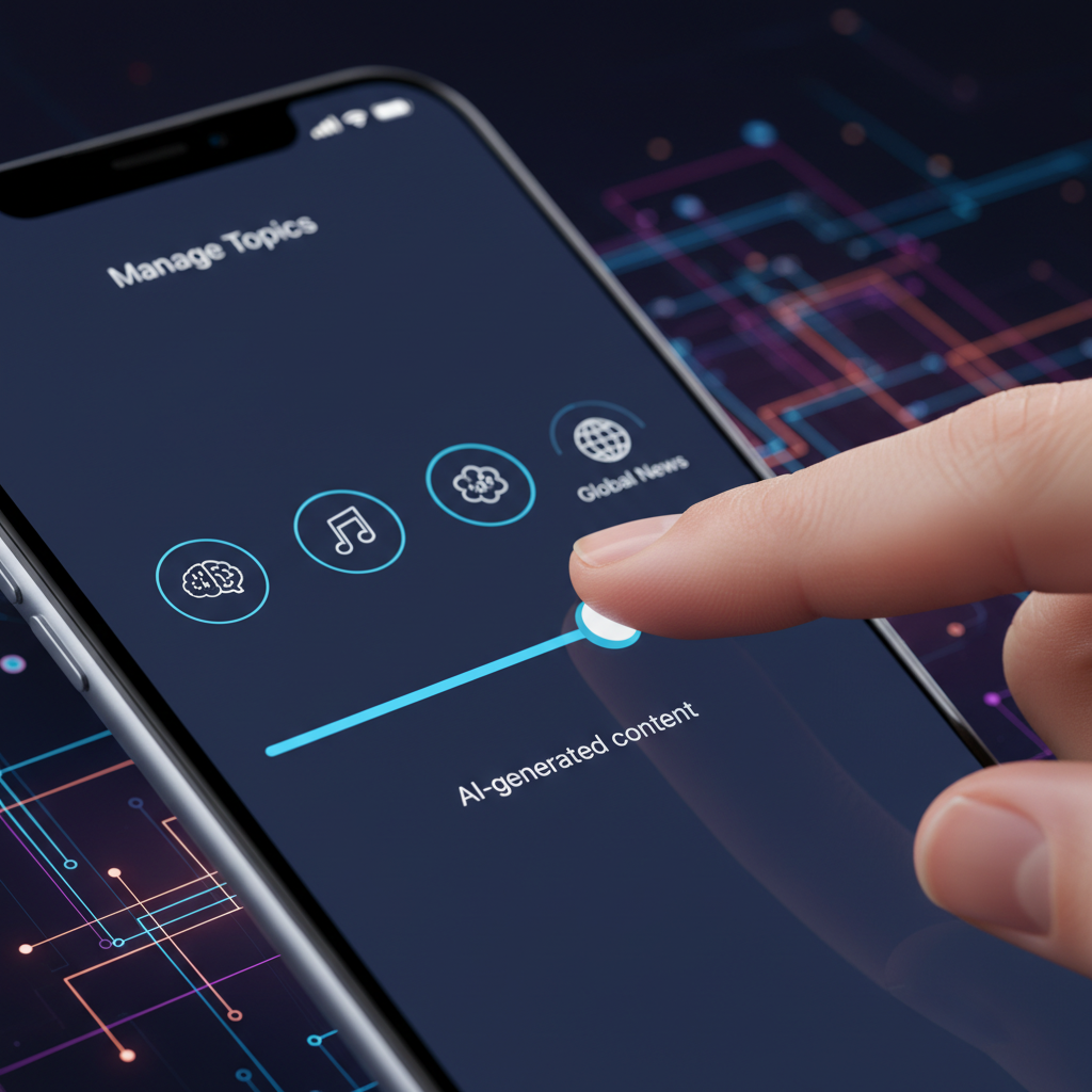A close-up shot of a smartphone screen showing the TikTok "Manage Topics" interface, with a finger gently moving a slider for "AI-generated content." The background is blurred, vibrant, and futuristic, hinting at digital control. Style: clean infographic, modern layout, high contrast. No text.
