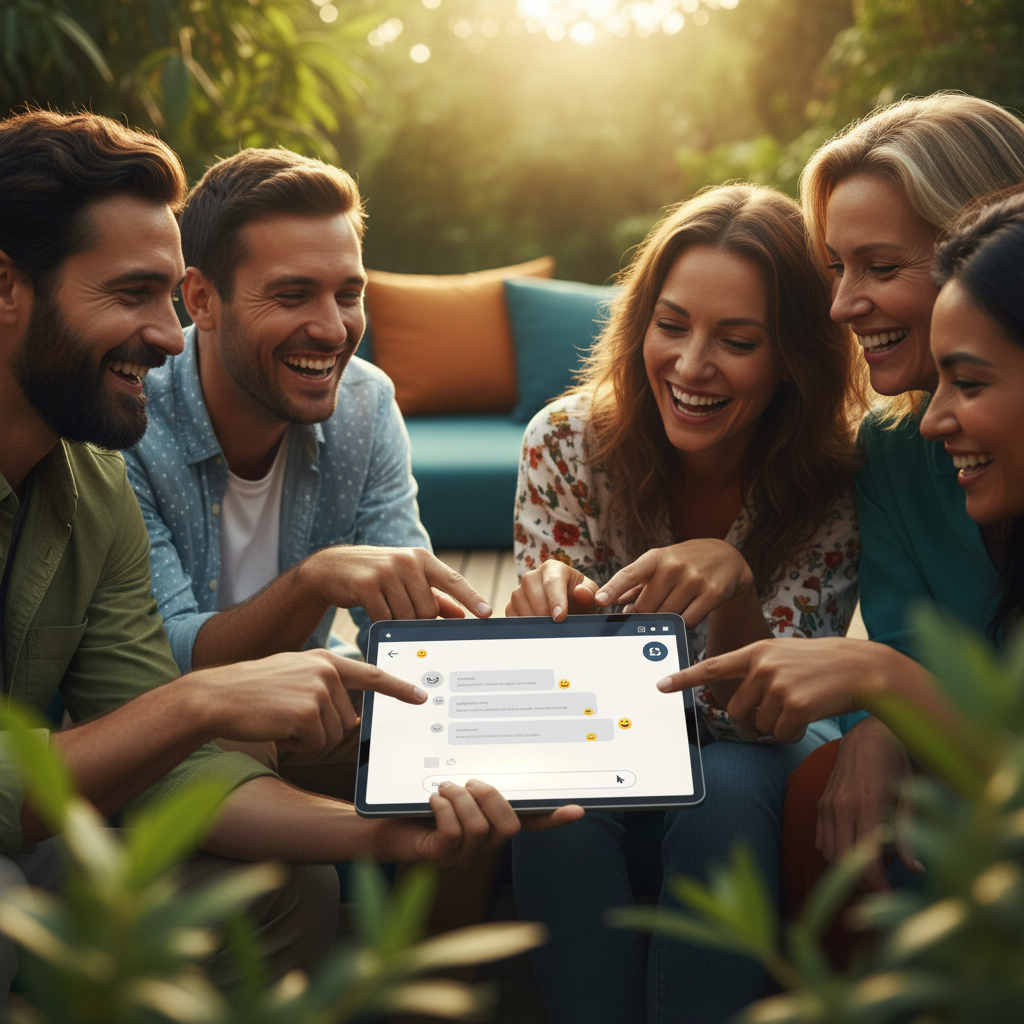 Lifestyle photography, warm lighting, natural setting. A diverse group of friends or colleagues happily interacting with a tablet or phone showing a group chat interface. The interface subtly features AI-generated text and emojis, indicating the presence of ChatGPT. Focus on collaboration and ease of use. Colored background. No visible text.
