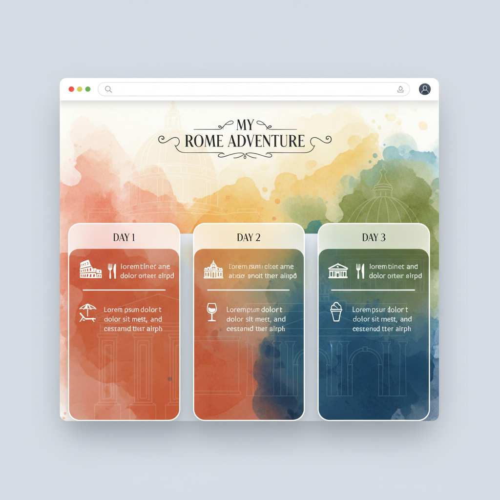 A vibrant and modern interactive webpage displaying a personalized Rome travel itinerary. The layout features elegant fonts, clear section dividers, and small icons representing activities like historical sites, dining, and relaxation. The background subtly incorporates elements of Roman architecture and warm Mediterranean colors. No visible text, clean infographic design.
