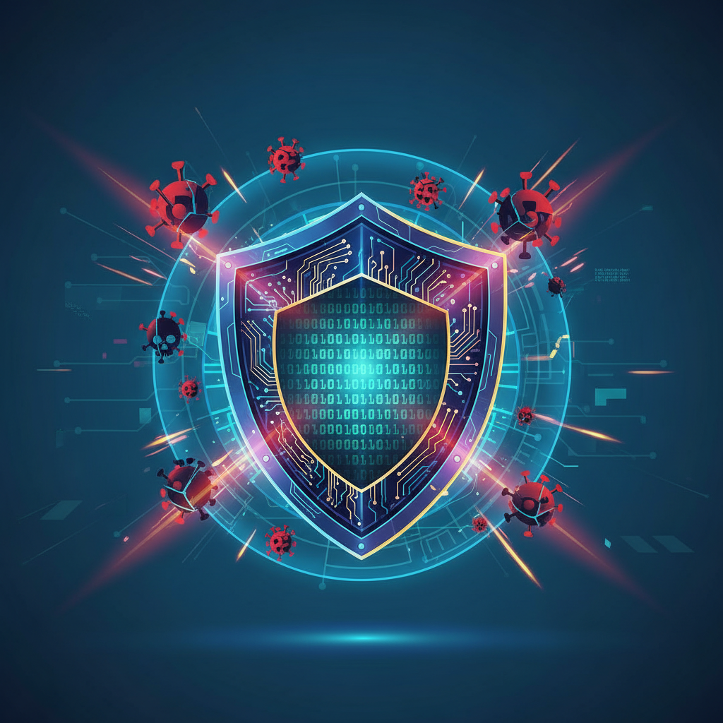 clean infographic, modern layout, high contrast. A stylized digital shield protecting sensitive data represented by glowing binary code. The shield has intricate patterns and is deflecting various digital threats like viruses and malware, bright and secure digital environment colors. No text in image.