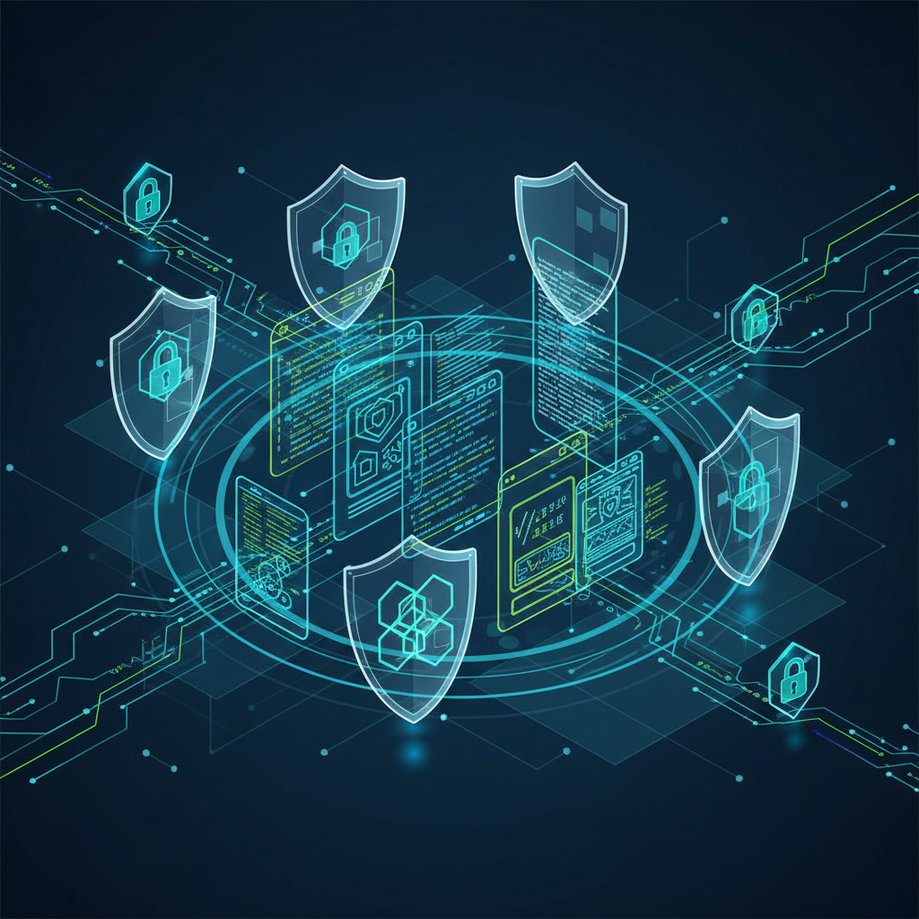 Digital security concept showing protective shield icons around code and app interfaces, cybersecurity elements with lock symbols and encrypted data streams, tech-forward visualization with deep blue and green color scheme, professional infographic style with layered depth, no text