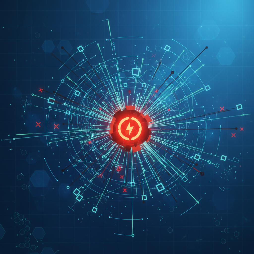 A complex network diagram showing data flow and an error symbol at a central node, representing a major internet outage. The background is a digital blue gradient. No text.